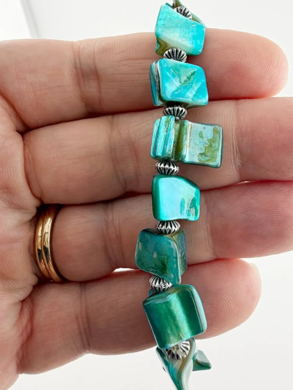 Boho Teal Abalone Shell Nugget Stretch Bracelet - Iridescent Ocean Blue